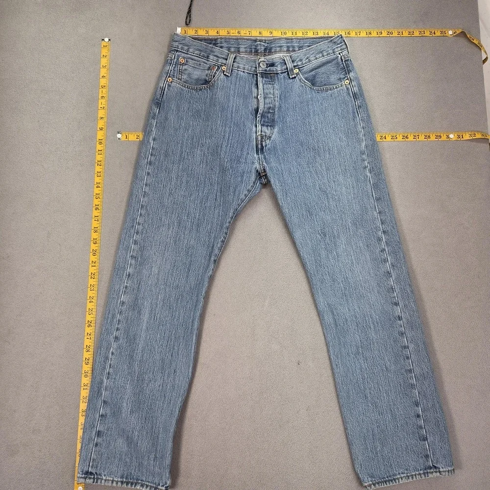Levis 501 Jeans Mens‎ Light Wash Blue Straight Button Fly Faded Denim Fits 30x27
